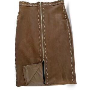 Beulahstyle Brown Suede Zip Skirt with Gold Zipper & Studs